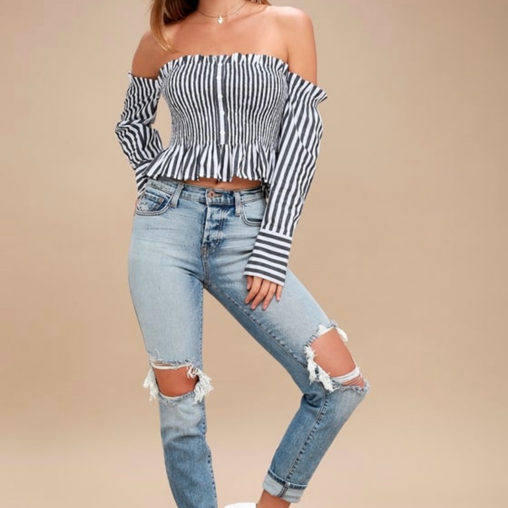 Blue and white striped off the shoulder top extra small